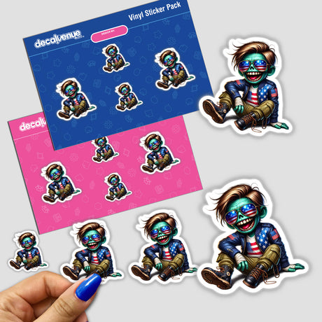 Hand holding a Patriotic Leather Zombie Aviator Sunglasses sticker featuring a cartoon zombie with sunglasses, amidst other character stickers.