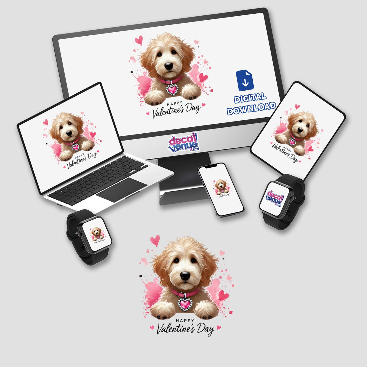 Cute Goldendoodle Valentine Dog artwork displayed on a laptop, monitor, and phone, featuring a charming dog with a pink collar, available as stickers or digital artwork.