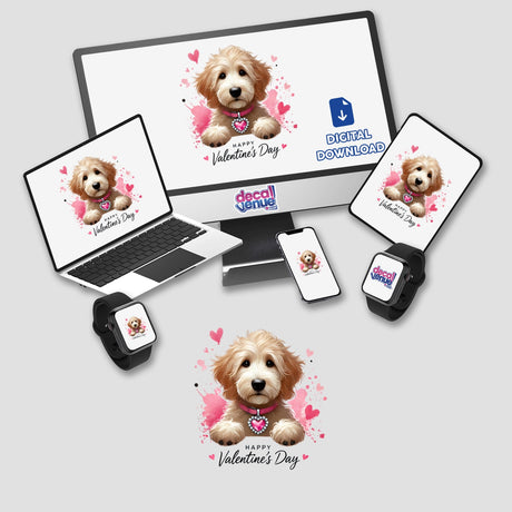 Cute Goldendoodle Valentine Dog artwork displayed on a laptop, monitor, and phone, featuring a charming dog with a pink collar, available as stickers or digital artwork.