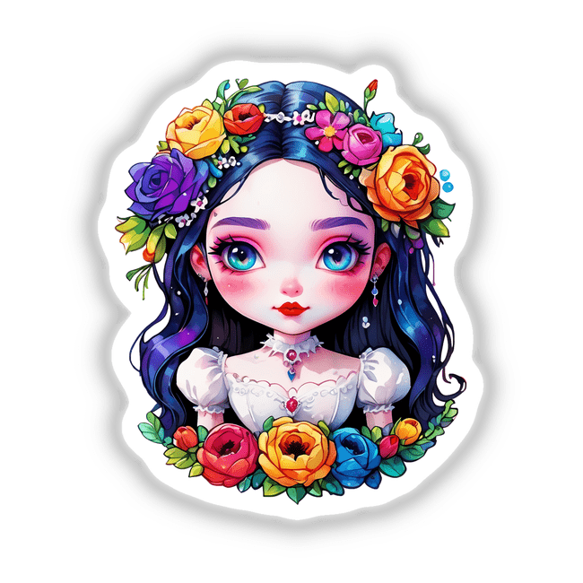 Kawaii rainbow goth bride cartoon girl with flowers in her hair, large eyes. Available as stickers or digital artwork.