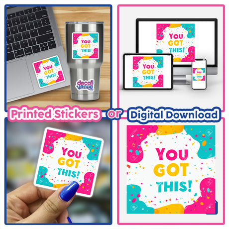 You Got This! Motivational Planner Sticker displayed on a laptop, showcasing its vibrant design. Available as stickers or digital artwork, perfect for planners or digital projects with commercial rights.