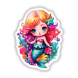 Kawaii Mermaid: Undersea Coral and Starfish - a cartoon mermaid with colorful hair, surrounded by vibrant coral and starfish. Available as stickers or digital artwork.