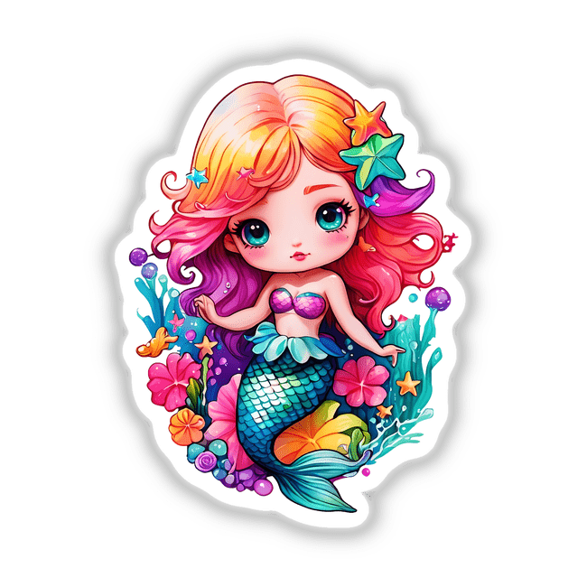 Kawaii Mermaid: Undersea Coral and Starfish - a cartoon mermaid with colorful hair, surrounded by vibrant coral and starfish. Available as stickers or digital artwork.