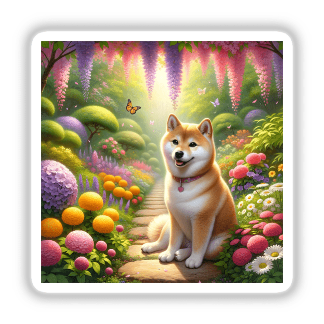 Shiba Inu in a dreamy Japanese garden watercolor illustration, featuring a serene dog on a garden path with vibrant flowers, available as stickers or digital artwork from Decal Venue.