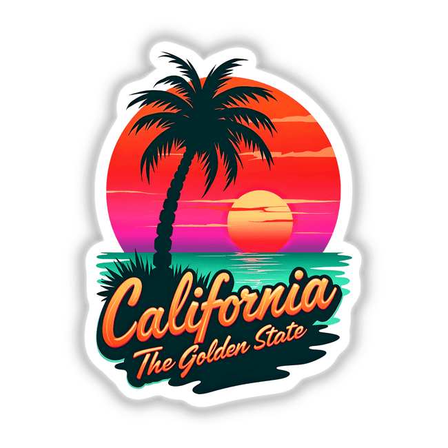 California The Golden State sticker features a silhouetted palm tree against a sunset backdrop, embodying the essence of California's iconic landscapes, available as both a sticker and digital artwork.