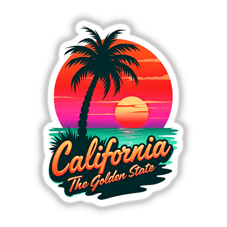 California The Golden State sticker features a silhouetted palm tree against a sunset backdrop, embodying the essence of California's iconic landscapes, available as both a sticker and digital artwork.