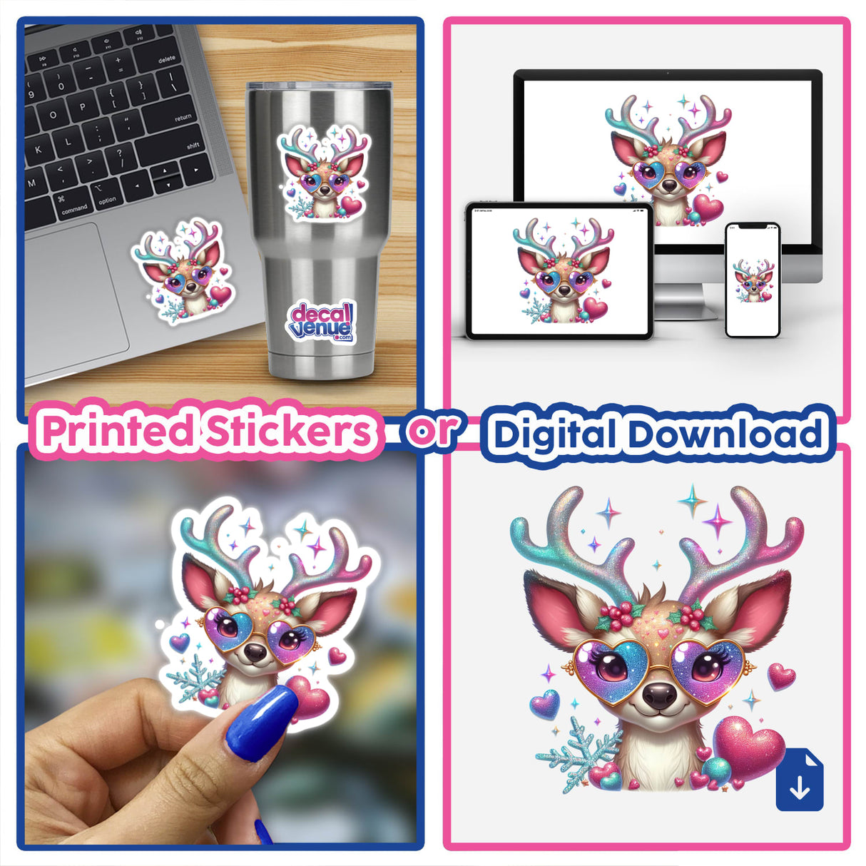 Rainbow Glittered Reindeer sticker collage featuring a cartoon deer with heart-shaped sunglasses, displayed on various items like laptops and cups, showcasing Decal Venue's unique sticker and digital art offerings.