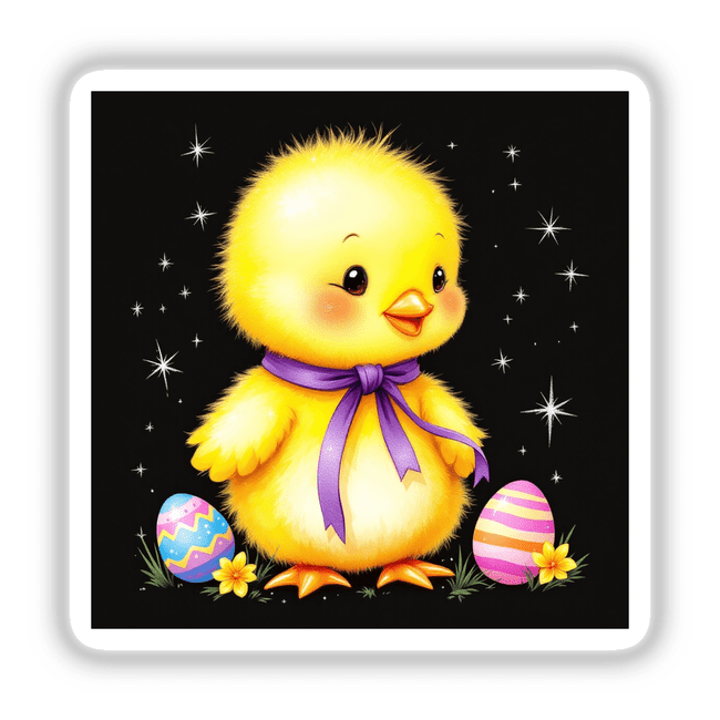 Yellow Baby Chick with Purple Ribbon and Easter Eggs