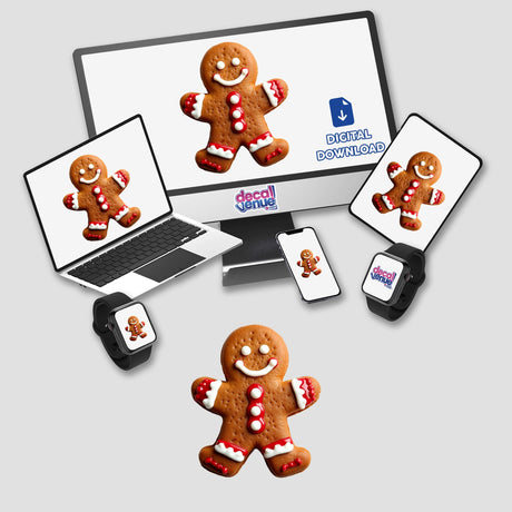 Gingerbread Man Christmas Holiday Cheer Cookie Design displayed on various digital screens, available as stickers or digital artwork from Decal Venue.