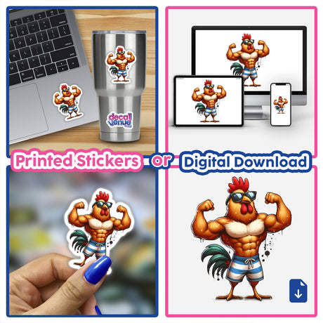 The Muscular Chicken: A collage featuring cartoon chickens in swimsuits flexing muscles, ideal as stickers or digital artwork from Decal Venue, emphasizing unique vinyl sticker designs.