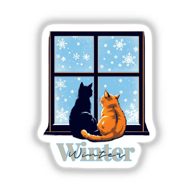 Cute cats in Winter sticker from Decal Venue, featuring two cats gazing out a window. Available as a unique vinyl sticker or digital artwork, perfect for animal lovers.