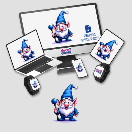 A Funny Magical Gnome character displayed on computer monitors and a laptop screen, offered as stickers or digital artwork from Decal Venue.