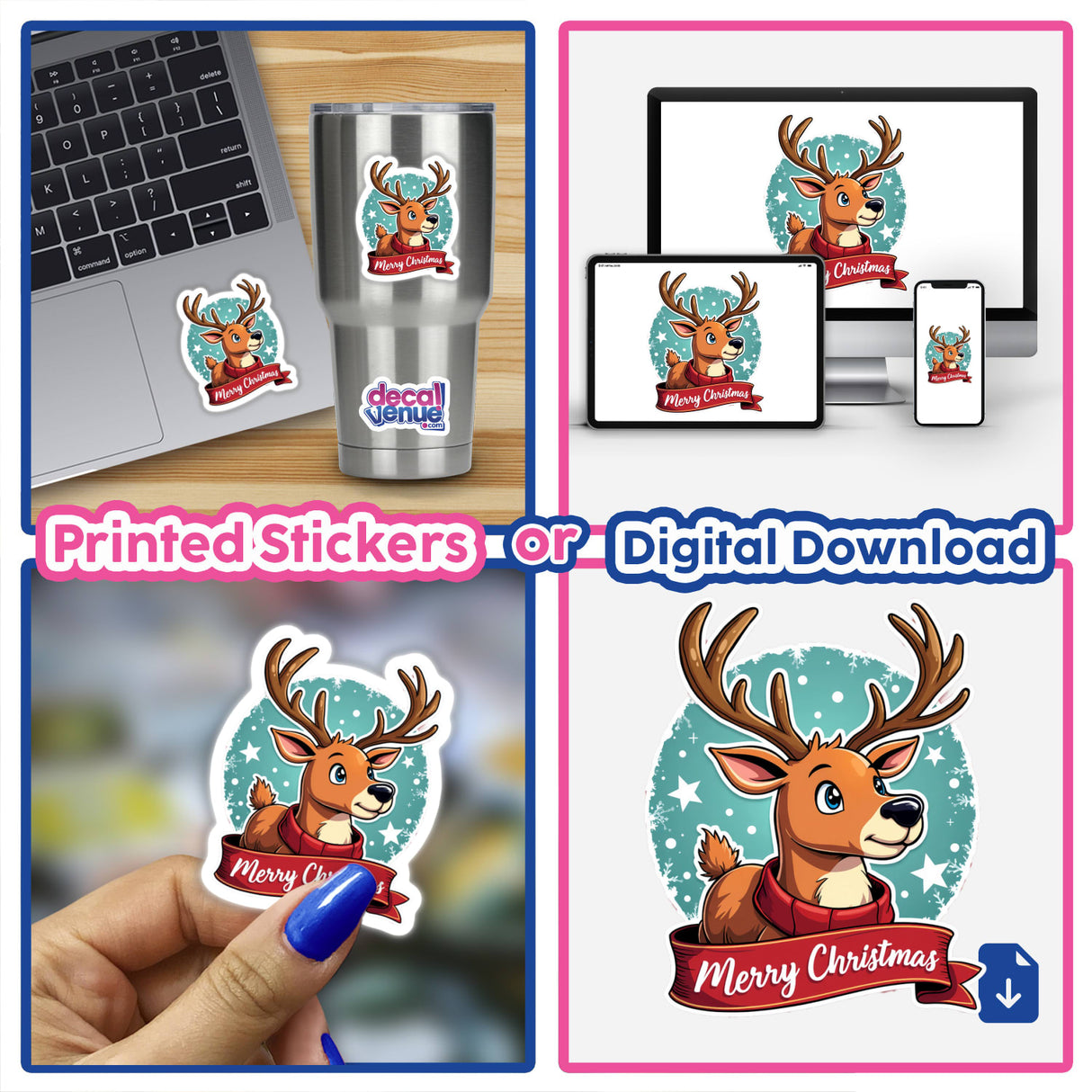 Merry Christmas Reindeer Festive Holiday sticker collage featuring reindeer cartoons, a laptop with a reindeer decal, and digital artwork options.