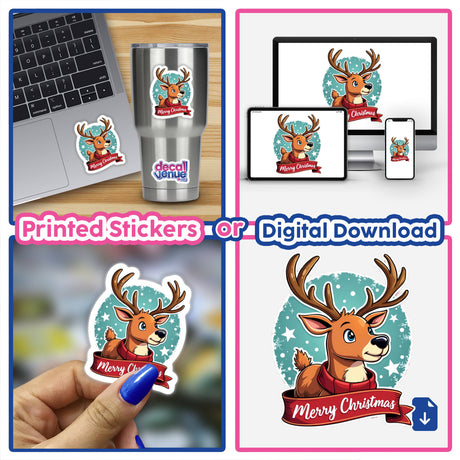 Merry Christmas Reindeer Festive Holiday sticker collage featuring reindeer cartoons, a laptop with a reindeer decal, and digital artwork options.