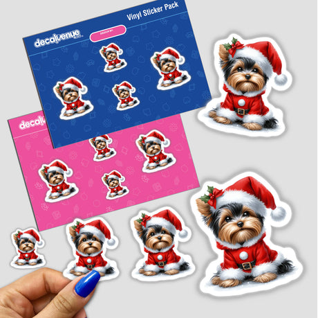 Christmas Yorkie Dog in Santa Outfit sticker, featuring a cartoon Yorkie in festive Santa attire, available as a sticker or digital artwork. Ideal for holiday-themed decoration from Decal Venue.