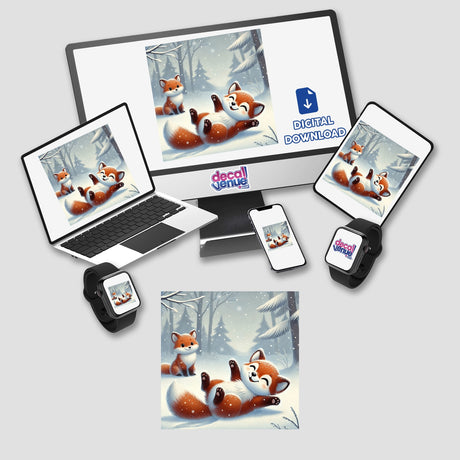 Two Foxes Playing depicted on a laptop screen, featuring digital artwork available as stickers or digital downloads from Decal Venue, showcasing foxes in a playful snowy scene.