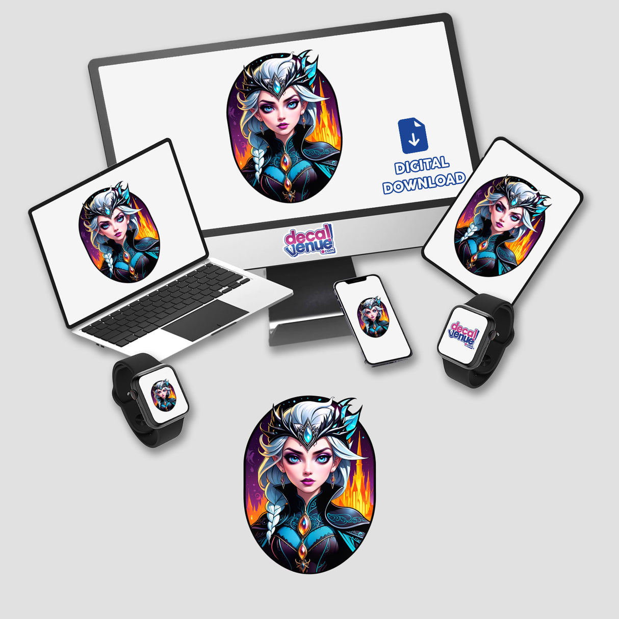 An Evil Queen Anime Girl displayed on various devices, showcasing her as a versatile sticker or digital artwork option from Decal Venue's unique collection.