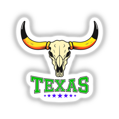 Texas USA Skull Design sticker featuring a bull skull with prominent horns, surrounded by stylized green letters with black outlines. Available as a vinyl sticker or digital artwork.