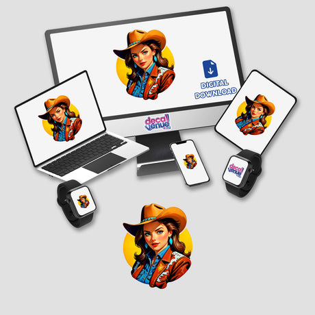 A digital artwork titled A Cute American Cowgirl featuring a woman in a cowboy hat displayed on a computer monitor and laptop, available as stickers or digital art from Decal Venue.