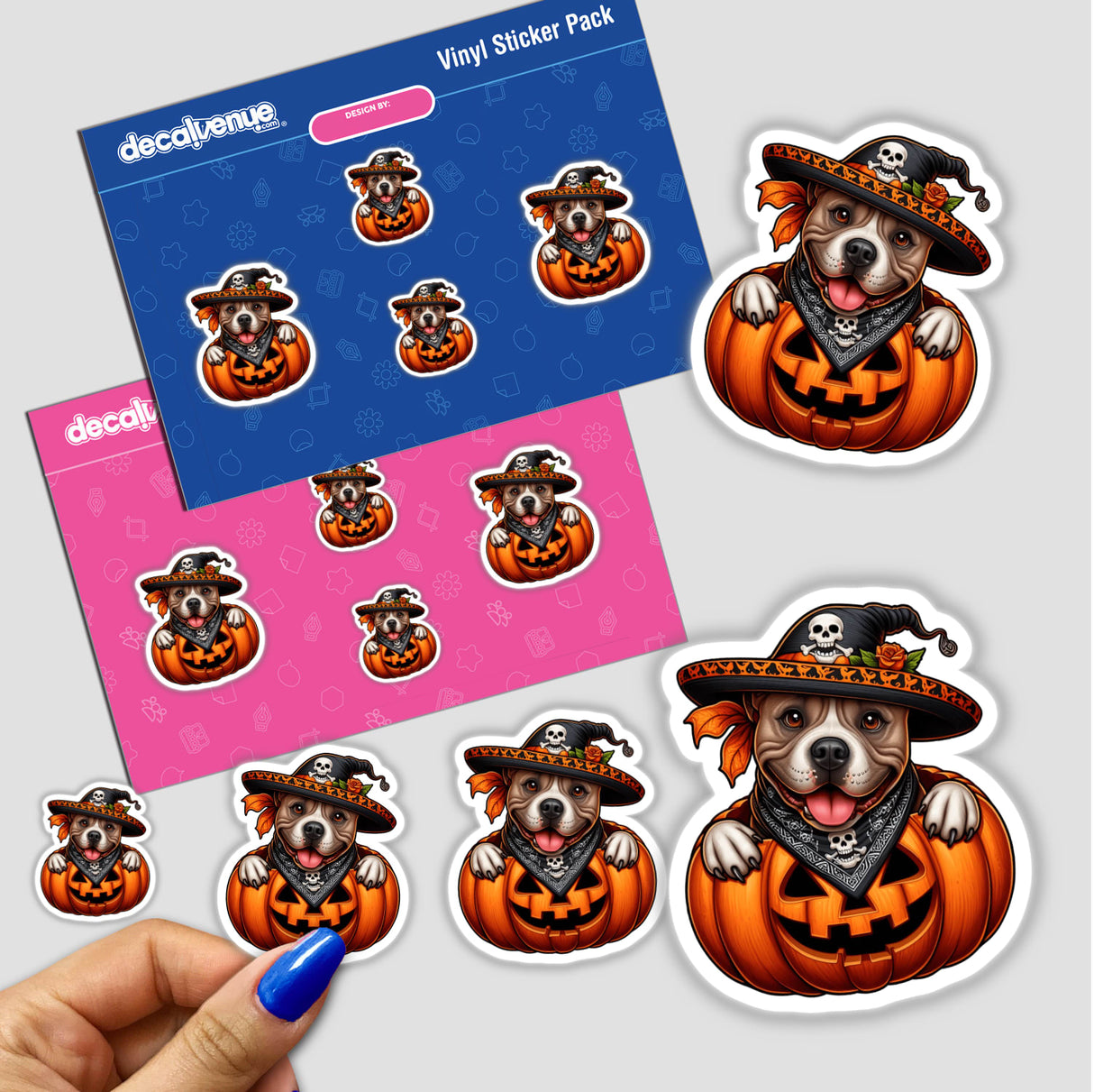 Pitbull Pirate Dog in a Pumpkin sticker features cartoon dogs in hats and bandanas nestled inside pumpkins, showcasing Decal Venue's unique art style. Available as stickers or digital artwork.