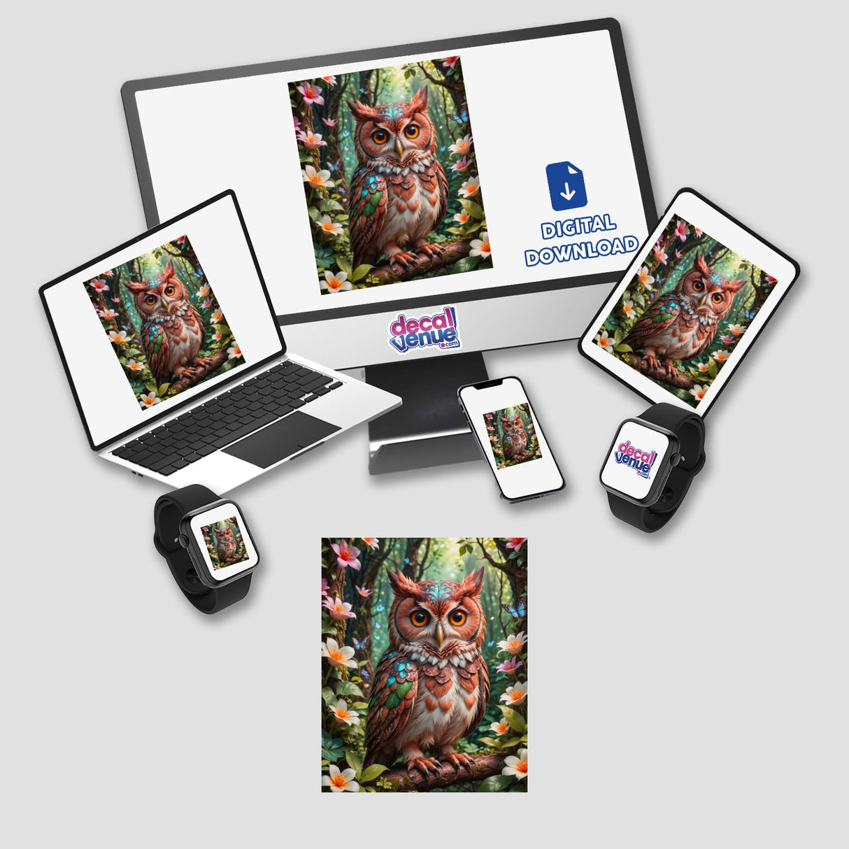 A Lovely Owl With Blooming Flowers displayed on a computer monitor and laptop, available as stickers or digital artwork from Decal Venue.