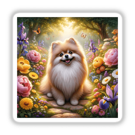 Pomeranian in a Vibrant Flower Meadow Watercolor Illustration featuring a dog sitting amidst a lush garden of flowers, available as stickers or digital artwork from Decal Venue.