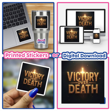 Victory Over Death - Christian Easter Sticker or Clipart featuring a laptop with a sticker design. The collage also shows various close-ups, emphasizing digital artwork options from Decal Venue.