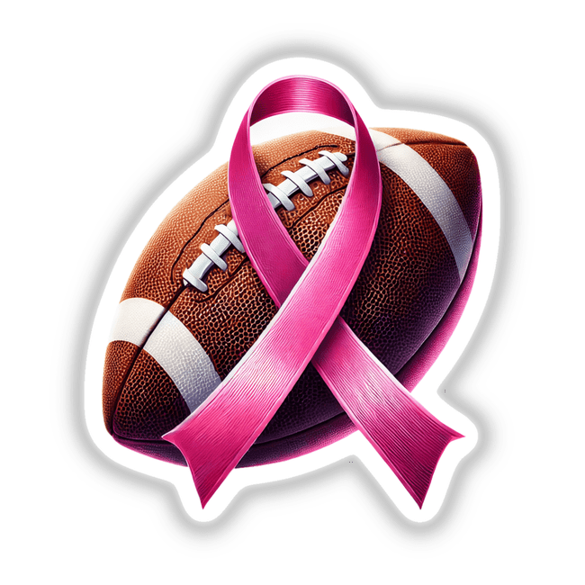 Football Pink Ribbon Breast Cancer sticker or digital artwork featuring a football adorned with a prominent pink ribbon, symbolizing breast cancer awareness.