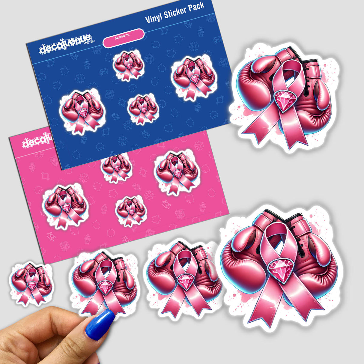 Pink Breast Cancer Ribbon and Gloves stickers featuring pink boxing gloves intertwined with pink ribbons, symbolizing strength and awareness. Available as stickers or digital artwork from Decal Venue.