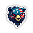 A Cool American Flag Bear cartoon featuring red, white, and blue stripes and stars. Available as stickers or digital artwork, exemplifying Decal Venue's unique collection of graphics.