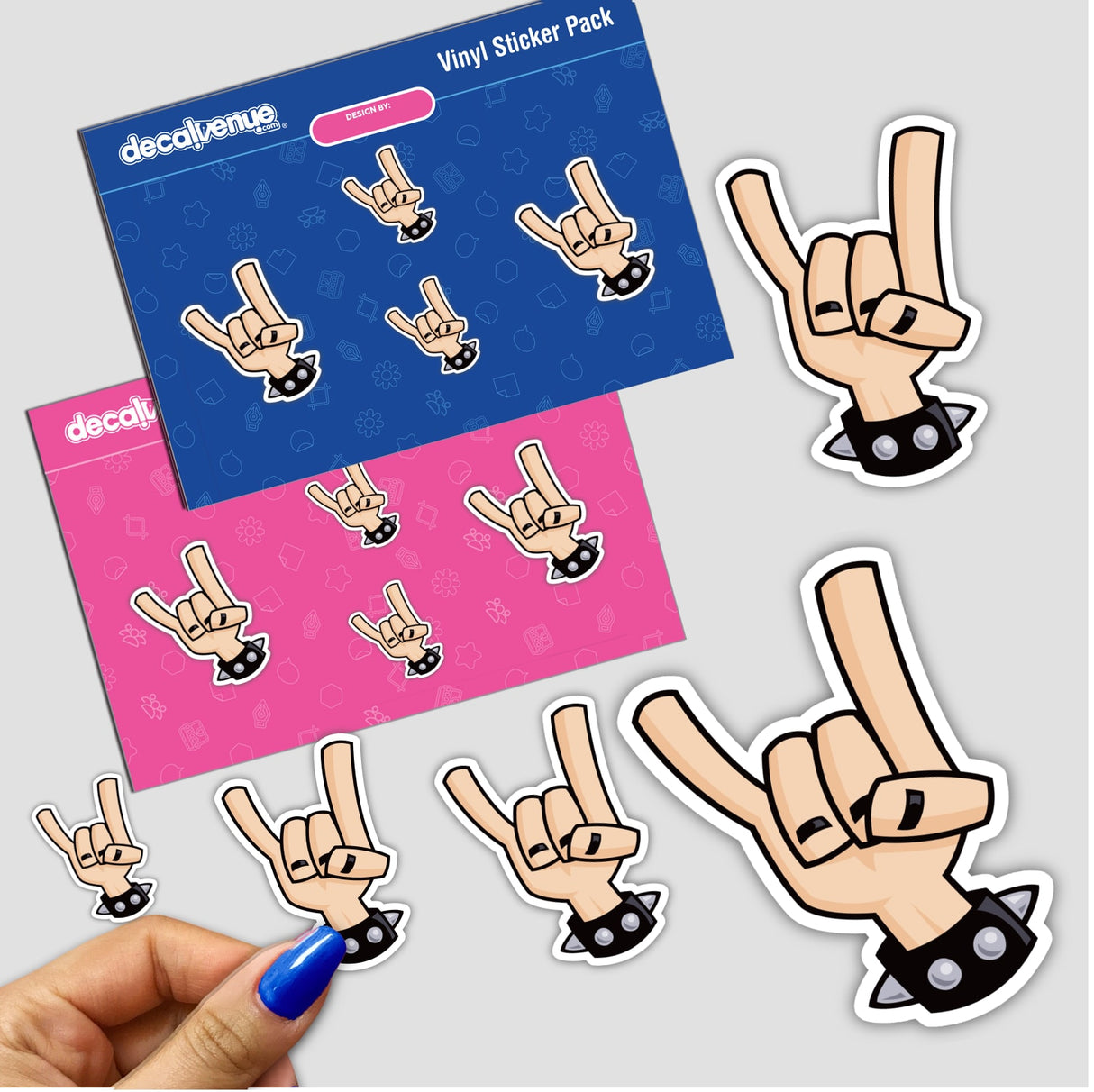 Sticker pack titled Heavy Metal Devil Horns featuring cartoon hand gestures, including a hand with spikes and a metal bracelet, reflecting Decal Venue's unique sticker designs.