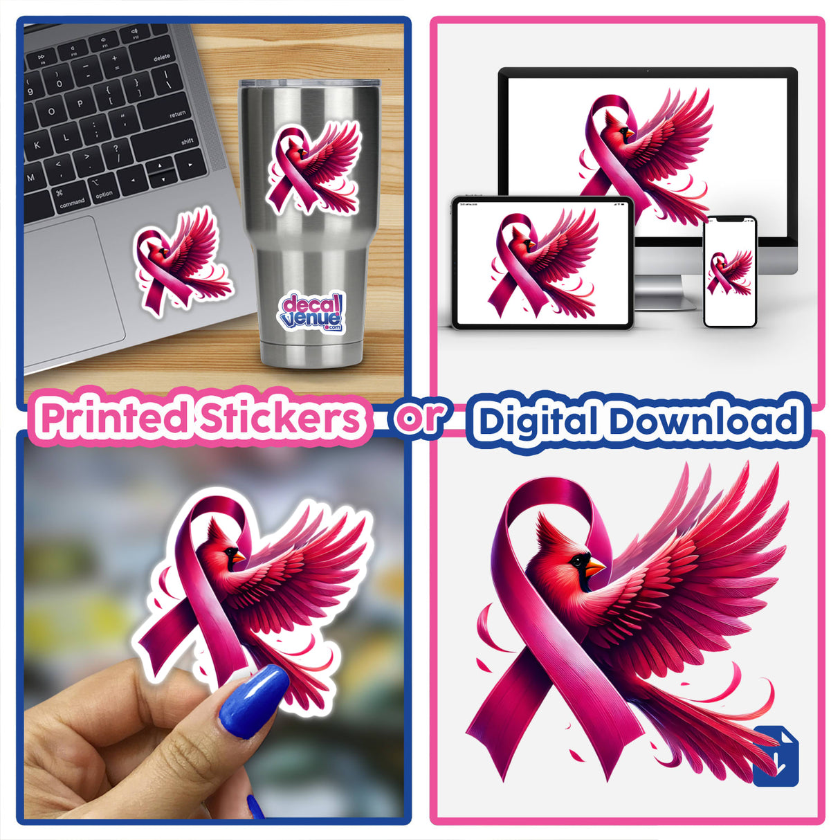 Cardinal Bird Pink Ribbon Breast Cancer sticker collage featuring a close-up of a hand holding a sticker, a laptop with the sticker, and other related designs. Available as Stickers or Digital Artwork.