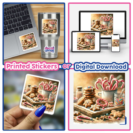 Collage featuring Holiday Baking - Gingerbread Cookies and Candy Canes stickers or digital artwork, displayed on laptops, mugs, and jars, highlighting festive and cozy holiday scenes.