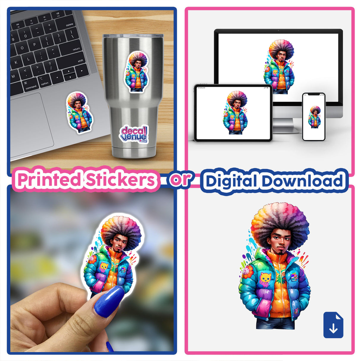 Collage featuring Afro Man in Colorful Puffer Jacket with Rainbow Colors and Splatter Paint: Sticker Design showing a man with a laptop and phone, emphasizing the vibrant, artistic sticker available.