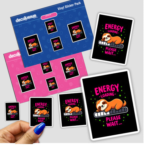 Hand holding Energy Loading Please Wait Cute Sloth Quote sticker pack featuring sloth designs, available as stickers or digital artwork from Decal Venue.