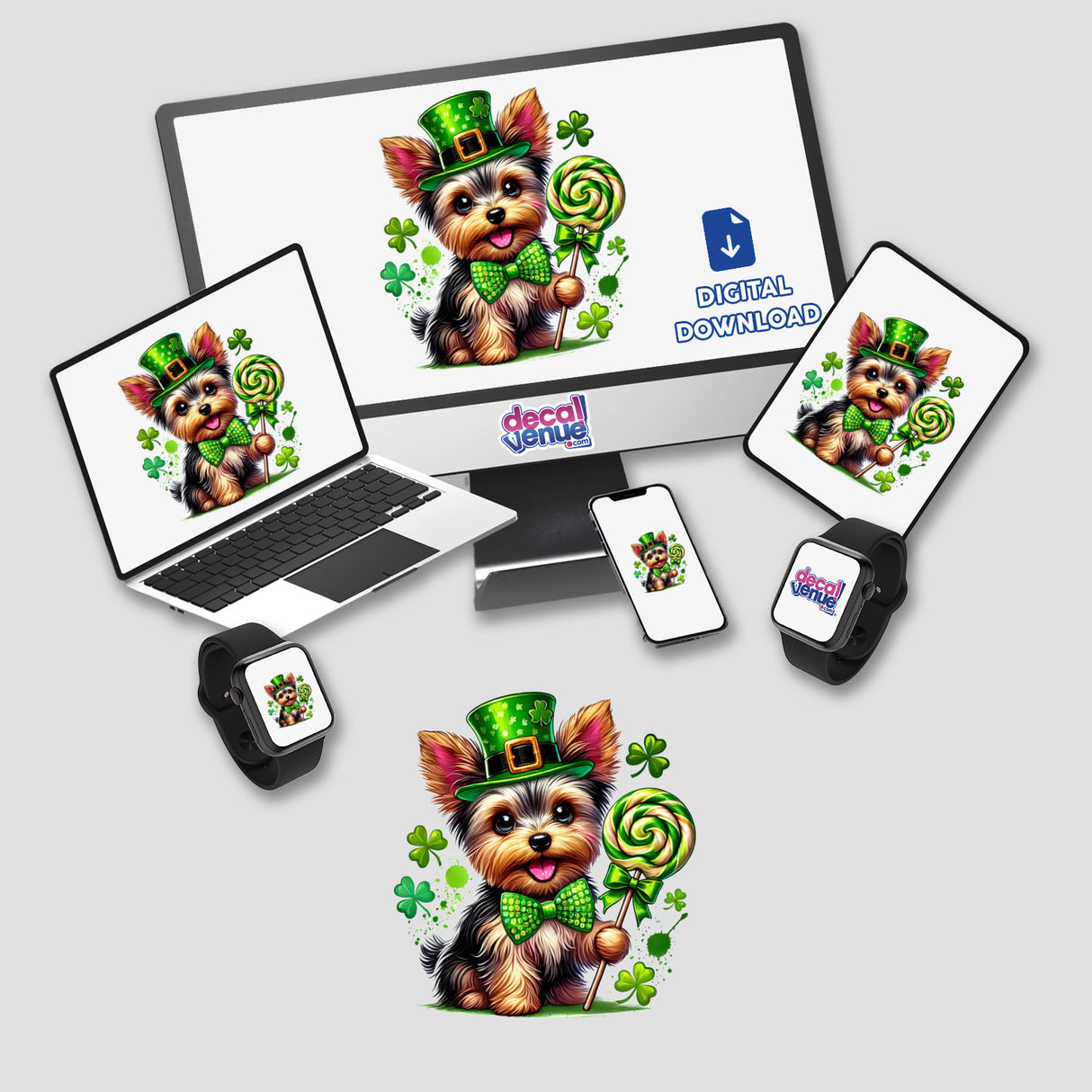 St Patricks Irish Yorkie Dog Holding Lollipop depicted on a laptop and monitor, available as stickers or digital artwork. The dog wears a green hat and bow tie, embodying festive charm.