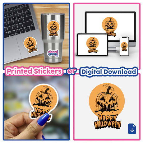 Happy Halloween-themed collage featuring laptop stickers, pumpkins with faces, nail art, and computer screenshots, available as stickers or digital artwork from Decal Venue.