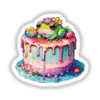 Frog Cake: Adorable Dessert with Frog Decorations featuring a cartoon frog on a pink-iced cake, adorned with flowers. Available as Stickers or Digital Artwork from Decal Venue.