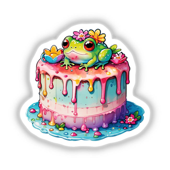 Frog Cake: Adorable Dessert with Frog Decorations featuring a cartoon frog on a pink-iced cake, adorned with flowers. Available as Stickers or Digital Artwork from Decal Venue.