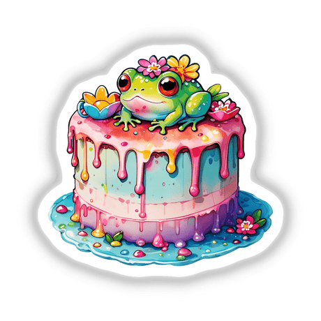 Frog Cake: Adorable Dessert with Frog Decorations featuring a cartoon frog on a pink-iced cake, adorned with flowers. Available as Stickers or Digital Artwork from Decal Venue.