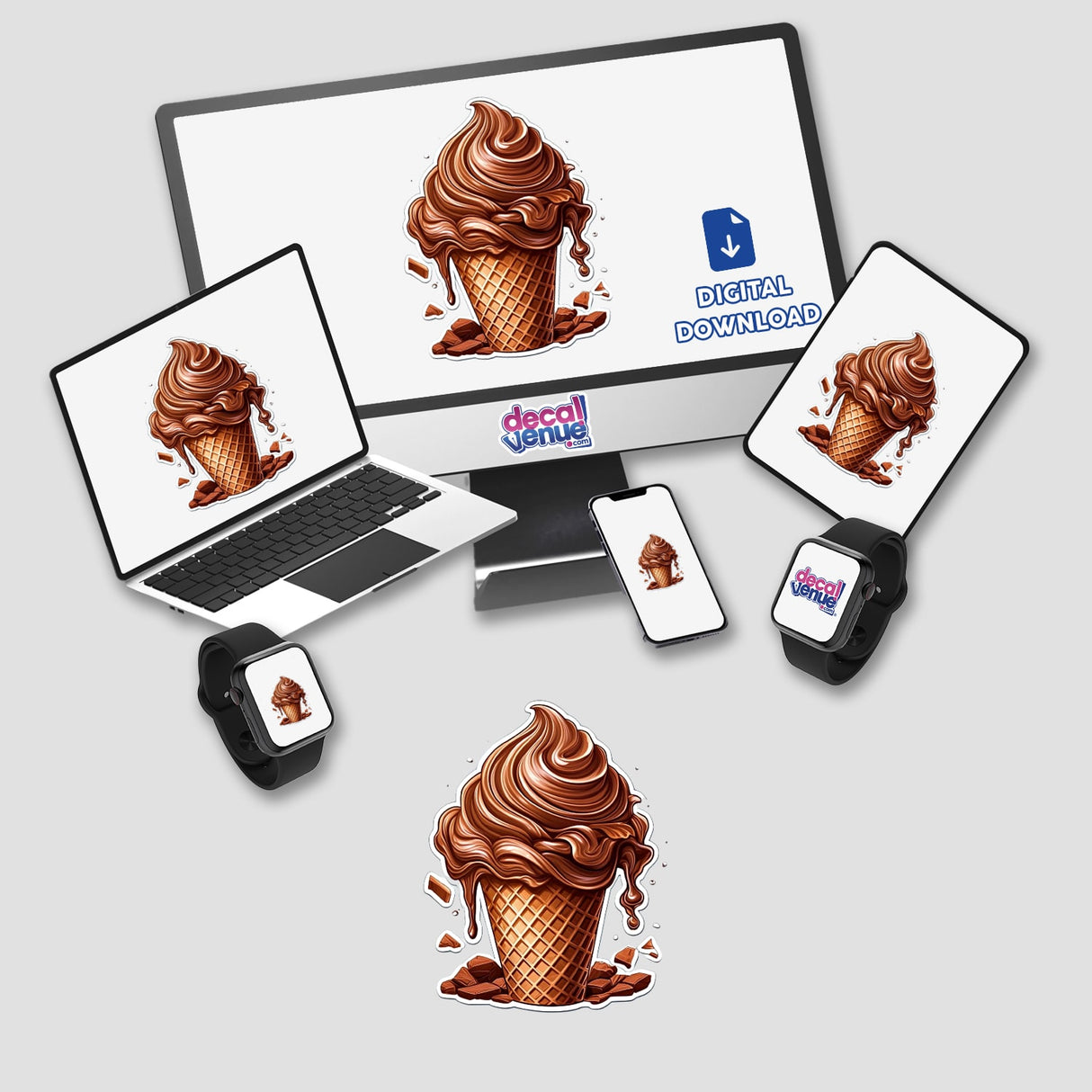 Detailed digital artwork of a dripping chocolate ice cream cone featured prominently on various electronic devices from the Decal Venue store, showcasing the product's high-quality design and availability for digital download.