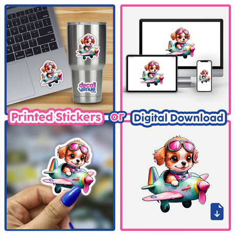 Adorable Puppy Pilot: Flying Pink Vintage Airplane Sticker Design featuring a cartoon dog with goggles in a toy plane, shown on laptops and held in hand. Available as stickers or digital artwork.