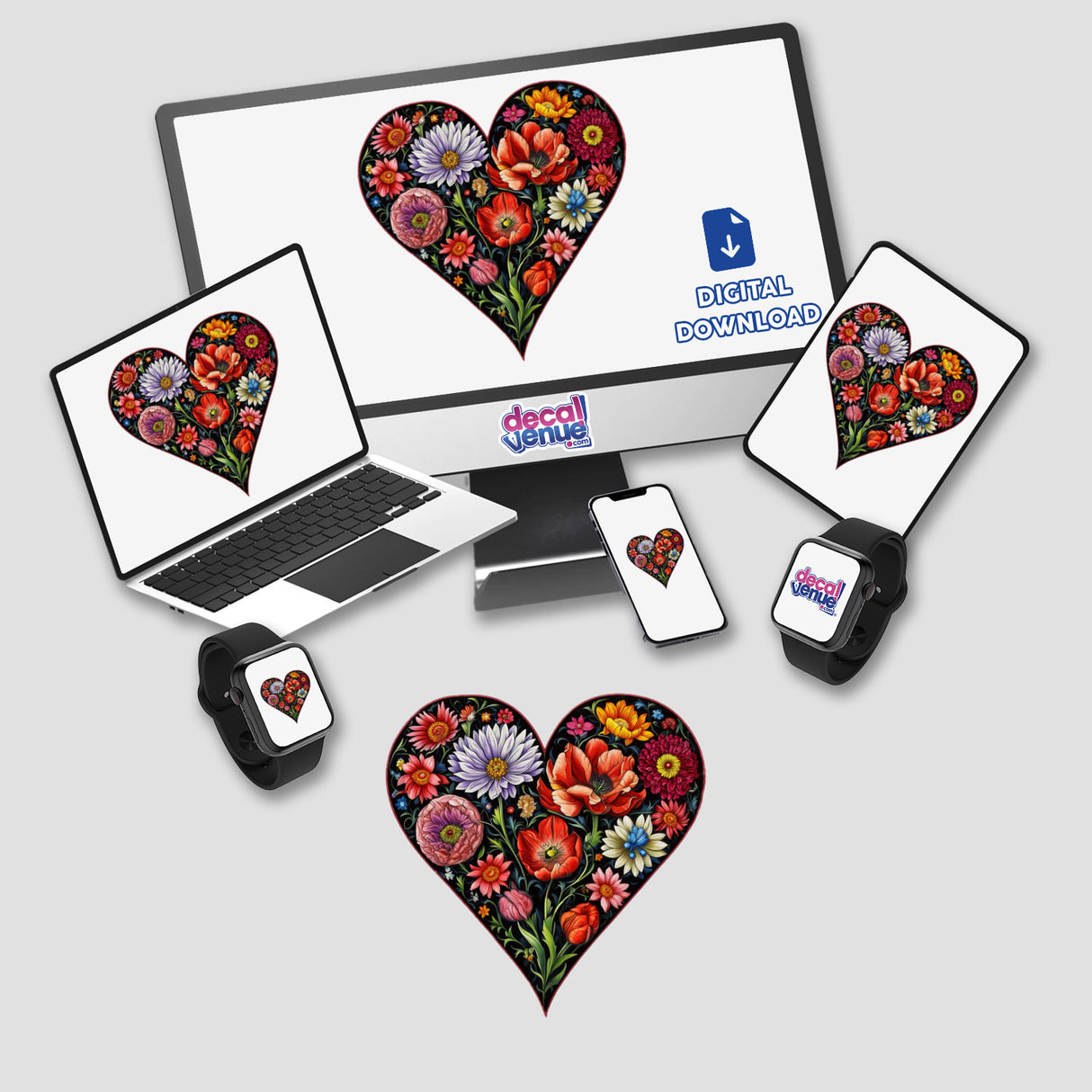 Colorful Heart with Vibrant Flowers design shown on a computer monitor and laptop, available as stickers or digital artwork.