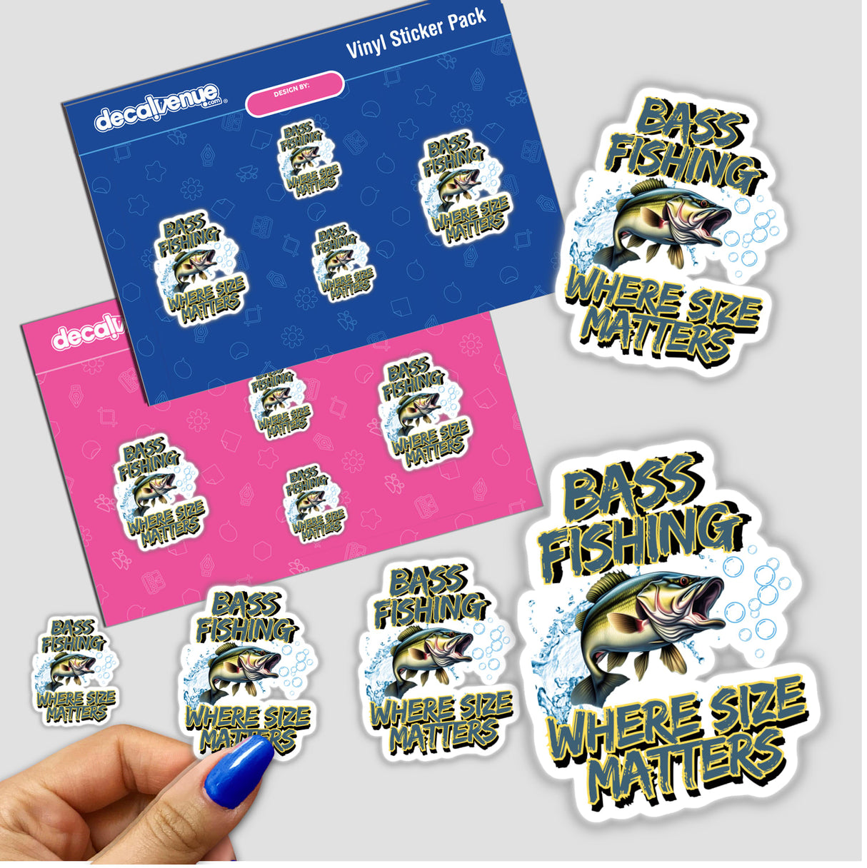 Bass Fishing sticker featuring a cartoon fish and text, displayed on various surfaces, with a close-up of a hand holding one. Available as stickers or digital artwork.