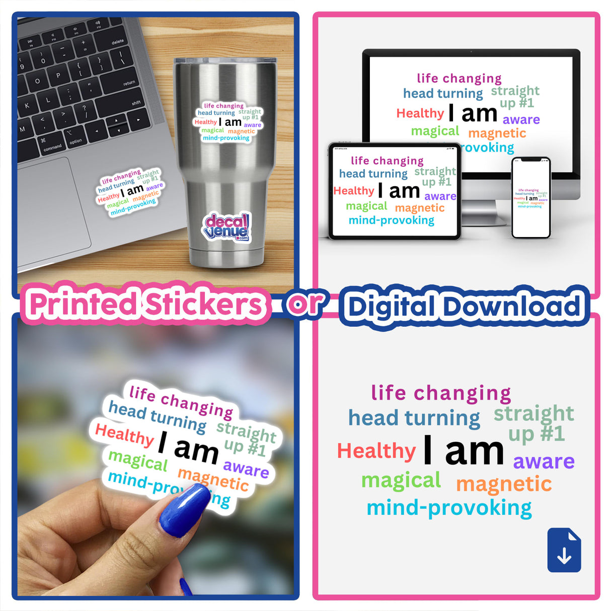 Morning Affirmations: A collage featuring vibrant stickers and a digital download, capturing motivational messages, ideal for enhancing laptops or personal spaces.