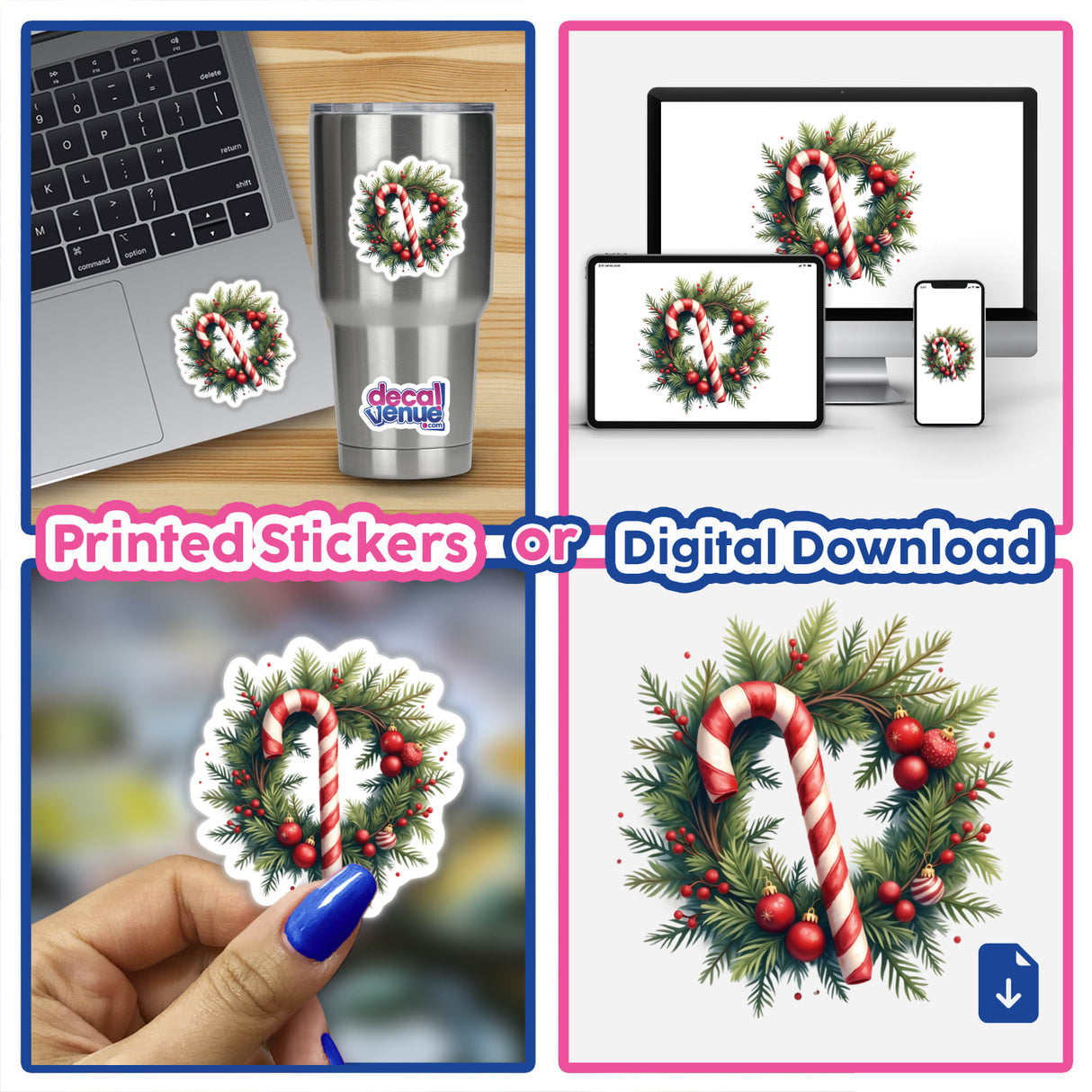 Candy Cane in a Christmas Wreath stickers shown on various items, including a laptop, emphasizing festive themes. Available as unique stickers or digital artwork from Decal Venue.