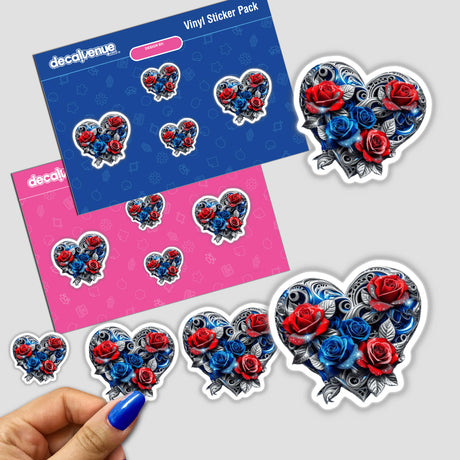 Intricate Silver Blue Heart sticker featuring red and blue roses, showcasing detailed floral patterns. Available as a vinyl sticker or digital artwork from Decal Venue.