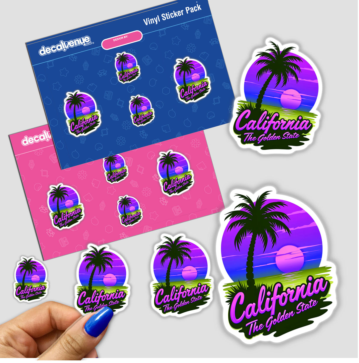 California The Golden State sticker featuring palm trees and a sunset, held in a hand. Available as physical stickers or digital artwork from Decal Venue, known for unique designs.