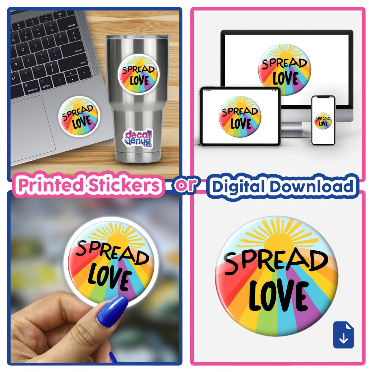 Colorful ‘Spread Love’ Button Design featuring a radiant yellow sunburst and rainbow stripes, showcased as part of Decal Venue's unique vinyl stickers and digital art collection.