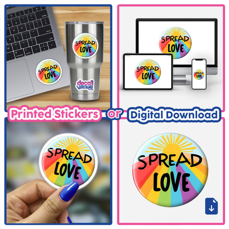 Colorful ‘Spread Love’ Button Design featuring a radiant yellow sunburst and rainbow stripes, showcased as part of Decal Venue's unique vinyl stickers and digital art collection.